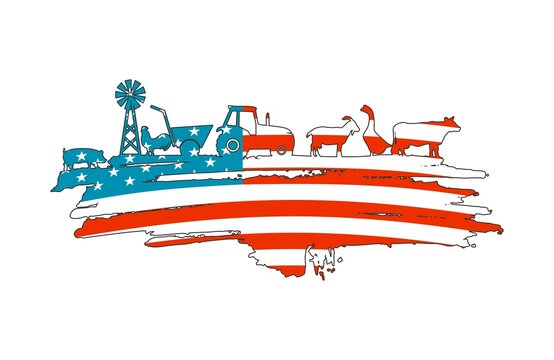Brush stroke with agricultural icons textured by flag of USA. Background for eco products.