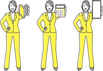 初心者マーク・計算機・スマホを提示する女性　セット