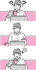 パソコンの前で考える男性　セット
