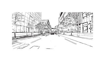 Building view with landmark of New Haven is the 
city in Connecticut. Hand drawn sketch illustration in vector.