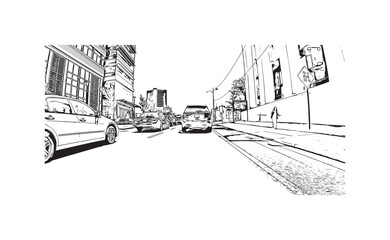 Building view with landmark of New Haven is the 
city in Connecticut. Hand drawn sketch illustration in vector.