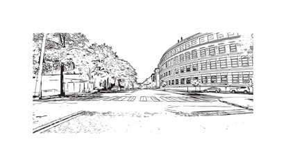 Building view with landmark of New Haven is the 
city in Connecticut. Hand drawn sketch illustration in vector.