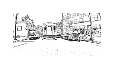 Building view with landmark of New Haven is the 
city in Connecticut. Hand drawn sketch illustration in vector.