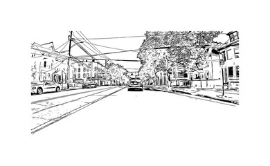 Obraz premium Building view with landmark of New Haven is the city in Connecticut. Hand drawn sketch illustration in vector.