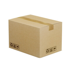 Cardboard shipping box with position, fragility and water protection icons - With Path.