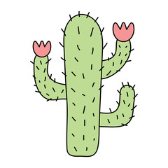 Cute succulent or cactus plant with flowers. Vector doodle illustration.