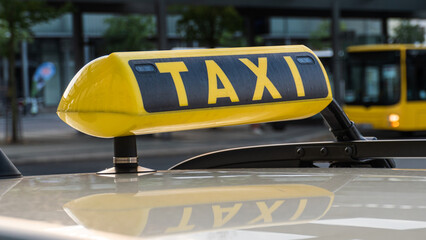 Taxi is waiting for the clients in the city center