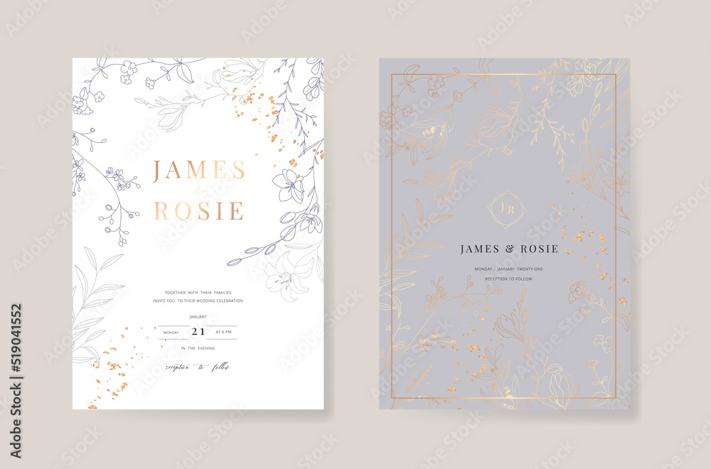 Wall mural minimal gray wedding invitation, floral invite thank you, rsvp modern card design with golden line d