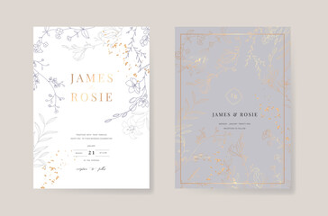 Minimal gray Wedding Invitation, floral invite thank you, rsvp modern card Design  with golden line decorative Vector elegant rustic template