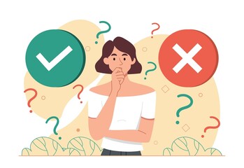 Yes or no concept. Girl makes decision. Thoughtful character makes difficult choice. Feedback, user experience. Green and red markings. Positive or negative statement. Cartoon flat vector illustration