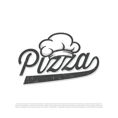 Lettering Pizza logo with cap chef. Illustartion vector graphic italian pizzeria of perfect for logo cafe, restaurant, fast food ect - obrazy, fototapety, plakaty