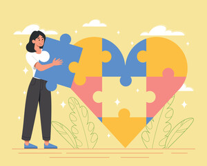 Woman with puzzle heart. Conscious building of love and relationships. Mental health, psychology, self knowledge. Girl collects conundrum in shape of large heart. Cartoon flat vector illustration