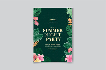 Watercolor summer night party poster template with leaves and flowers