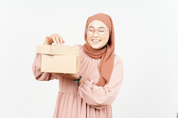 Holding Package Box or Cardboard Box of Beautiful Asian Woman Wearing Hijab Isolated On White