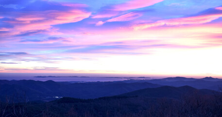 sunset on Hyères city and Porqueroles island on mediterranean shore, southern France