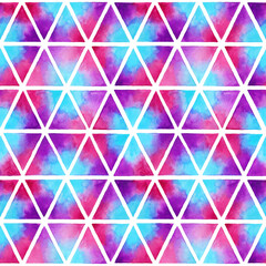 Seamless watercolor geometric pattern. Triangles on a white background with a gradient of three colors: blue, pink, purple.