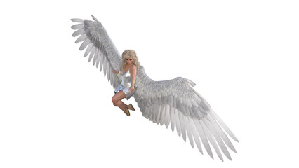 Angel poses for your pictures. Angel figurine with wings in flying poses isolated on white background. 3d rendering - illustration.