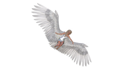 Angel poses for your pictures. Angel figurine with wings in flying poses isolated on white background. 3d rendering - illustration.