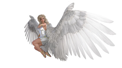 Angel poses for your pictures. Angel figurine with wings in flying poses isolated on white background. 3d rendering - illustration.