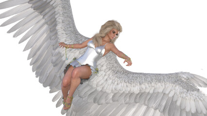 Naklejka premium Angel poses for your pictures. Angel figurine with wings in flying poses isolated on white background. 3d rendering - illustration.