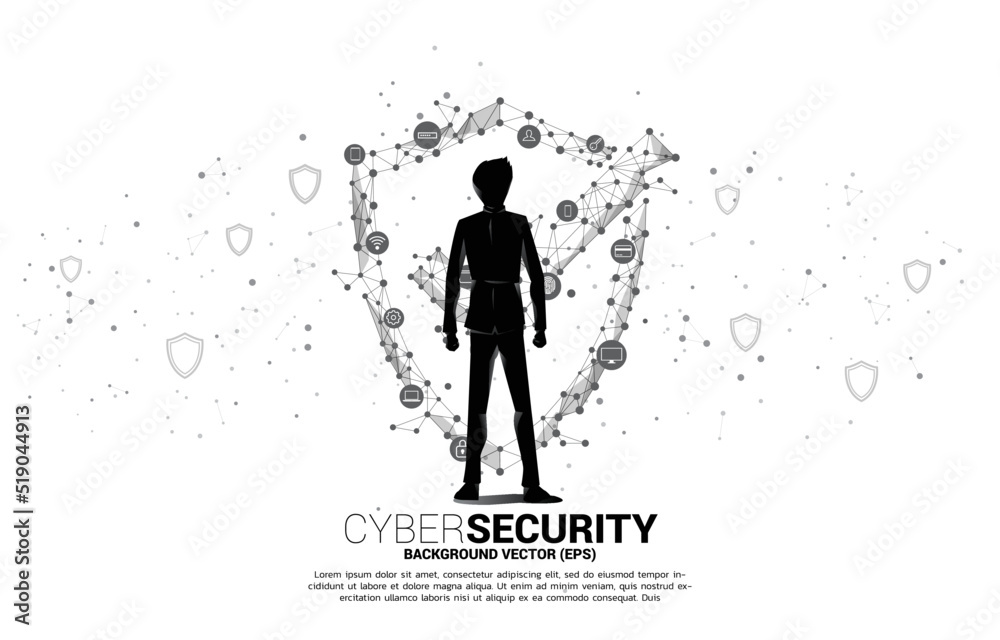 Poster Vector Silhouette of businessman with Protection shield icon from dot connect line polygon network. concept of guard security and safety