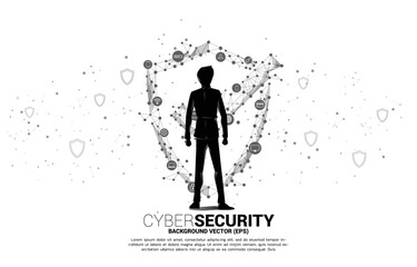 Vector Silhouette of businessman with Protection shield icon from dot connect line polygon network. concept of guard security and safety