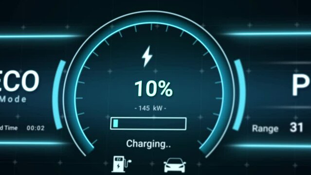 Battery charging status interface on electric vehicle using DC fast charger from charging station, futuristic smart HUD power level indicator UI display for EV industry technology 3d rendering