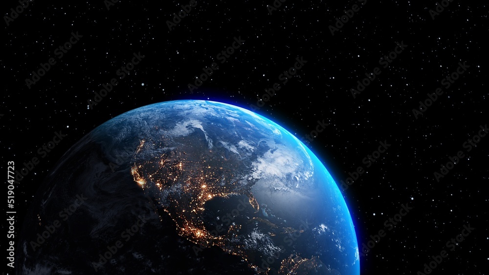 Wall mural planet earth with realistic geography surface and orbital 3d cloud atmosphere . outer space view of 