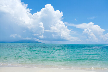 high angle view, beach and bed where the sea has blue water In the Gulf of Thailand, Koh Madsum of Thailand.soft focus