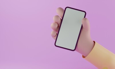 3D  hand holding smartphone on pink background, Hand using mobile phone mockup. 3d render illustration