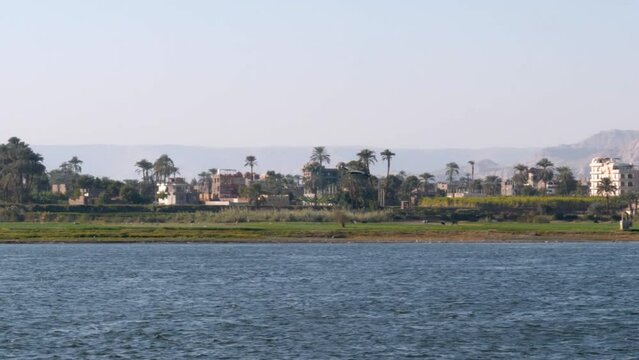 Bird flying over the Nile river with felluca, palm trees, and sandy hills in background, Luxor, Egypt.