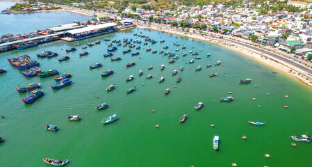 Vinh Luong fishing village, Nha Trang, Vietnam seen from above with hundreds of boats anchored to...