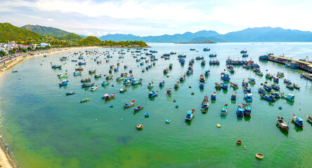 Vinh Luong fishing village, Nha Trang, Vietnam seen from above with hundreds of boats anchored to...