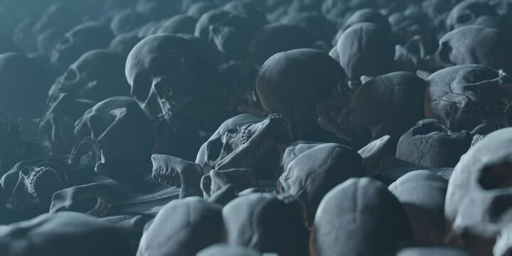 Bunch of Bones Human Skulls covering dusty ground, death conceptual backgound
