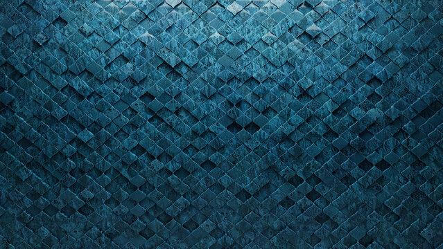 Textured, Blue Patina Wall background with tiles. 3D, tile Wallpaper with Arabesque, Polished blocks. 3D Render