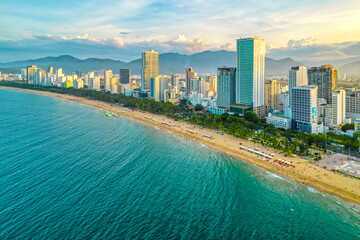 The coastal city of Nha Trang, Vietnam seen from above in the afternoon with its beautiful city and...