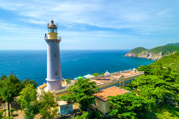 Fototapeta na wymiar Aerial view Dai Lanh lighthouse, Phu Yen, Vietnam. This is the easternmost point on the mainland of Vietnam
