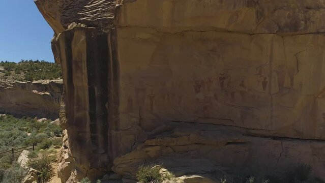 Ancient life-size anthropomorphic Barrier Canyon Style rock art pictographs in Sego Canyon, north of Thompson Springs, Utah. (aerial photography)