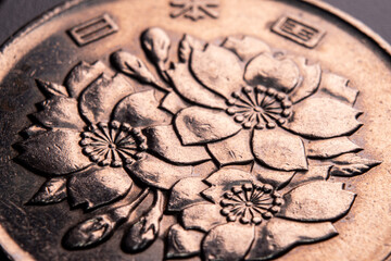 Closeup shot of Japanese coin，japanese currency