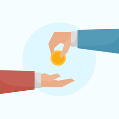 flat vector illustration of hands giving gold coins