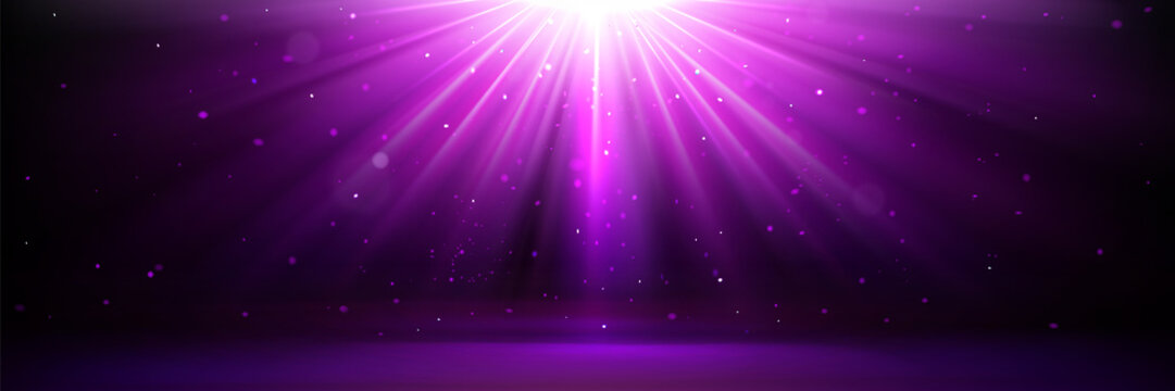 Magic background with purple light rays effect. Vector realistic illustration of star burst, disco spotlights with blurred beams, illumination of show in night club
