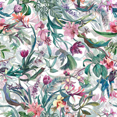 Tropical seamless watercolor pattern with exotic flowers and leaves. Botanical wallpaper with tropical plants