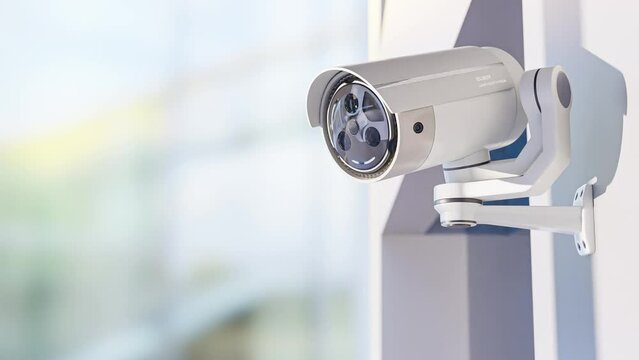Futuristic security CCTV camera with Motion sensor. outside office or building. Scan the area for surveillance purposes. Animation seamless loop. technology and innovation concept. 3D Render