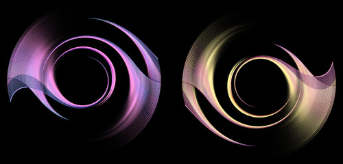 Purple and light yellow wavy, spiral elements form round frames on a black background. Set. Icon, logo, symbol, sign. 3d rendering. 3d illustration.