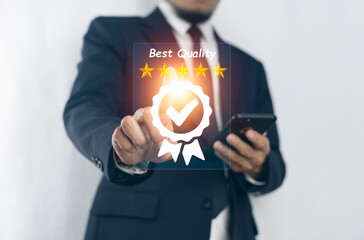 Customer survey quality review ,Businessman give rating to service experience on online application, Customer review satisfaction feedback survey concept, Customer can evaluate quality of service