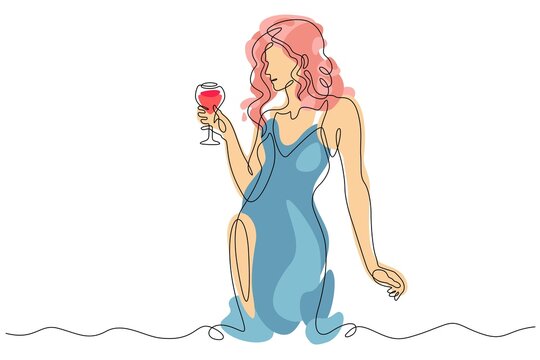 One continuous line.A woman in a blue dress. Lady with a glass of wine in hand. Red wine. Abstract flat color illustration.