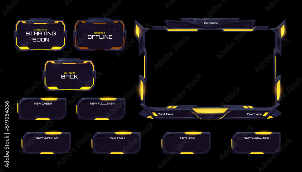 Poster live stream interface elements, overlay frames and buttons with yellow neon glow. vector cartoon tem