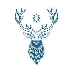 Stag with antlers and floristic neck stylization. Vector Reindeer with a star between the horns.