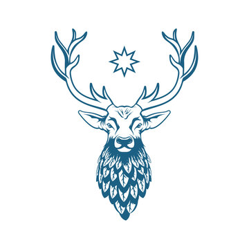 Stag with antlers and floristic neck stylization. Vector Reindeer with a star between the horns.