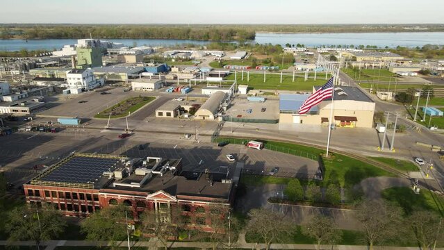 Industrial facilities of BASF Chemical Corporation in Wyandotte, aerial drone view